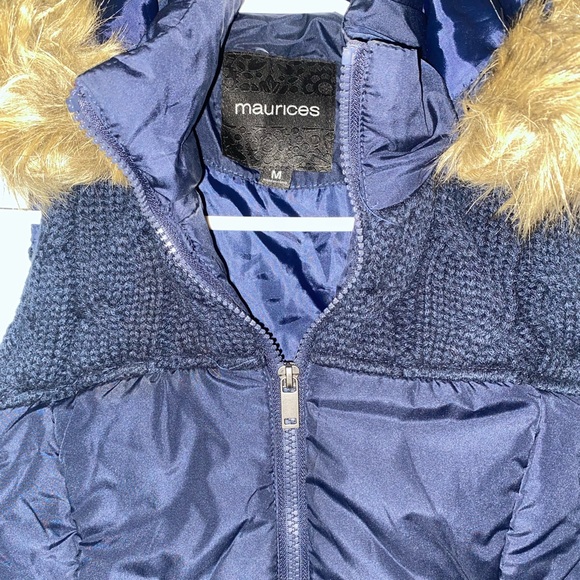 Navy Blue Zip Up Puff Vest with Detachable Fur Hood - Picture 2 of 5